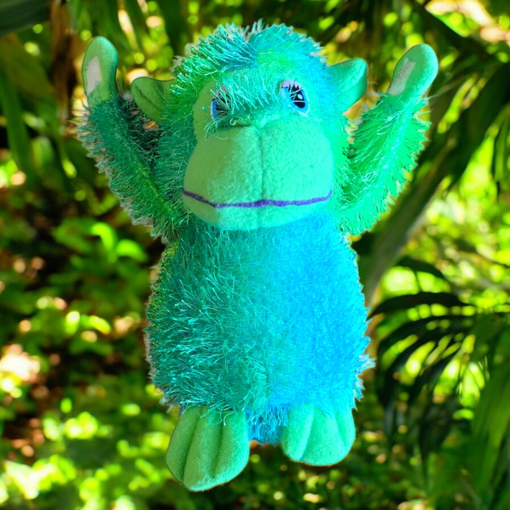 Vtg 04 FOURSTAR PALS Plush Monkey Green Blue Stuffed Animal Toy Hook/Loops Hand